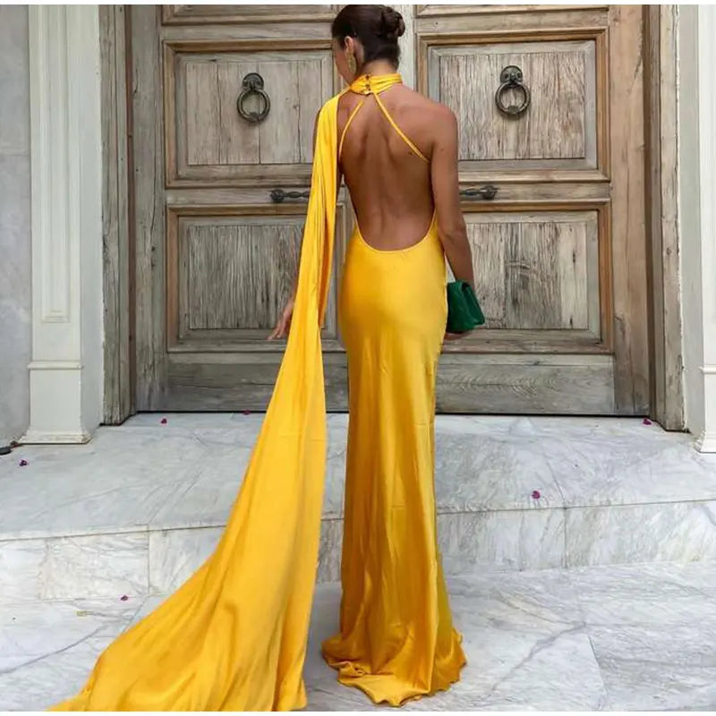 Elegant Ribbon Halter Dress Women Solid Off Shoulder Sleeveless Backless Slim Maxi Dresses 2025 Summer Autumn Party Robes Lady
