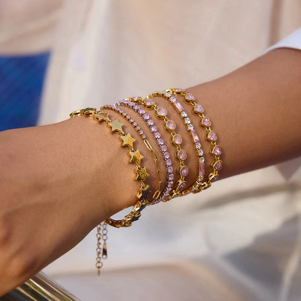 Youthway Zircon Star Metal Chain Bracelet Bangle Gold Plated Stainless Steel Watproof Summer Trendy Wrist Jewelry For Women