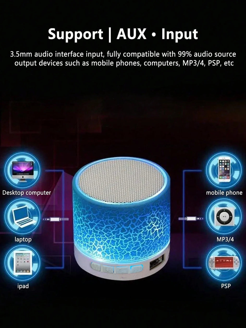 Wireless Mini Speaker, Subwoofer, Dazzle Crackle 7 Colour Light Wireless Mini Speaker, Portable Small Speaker