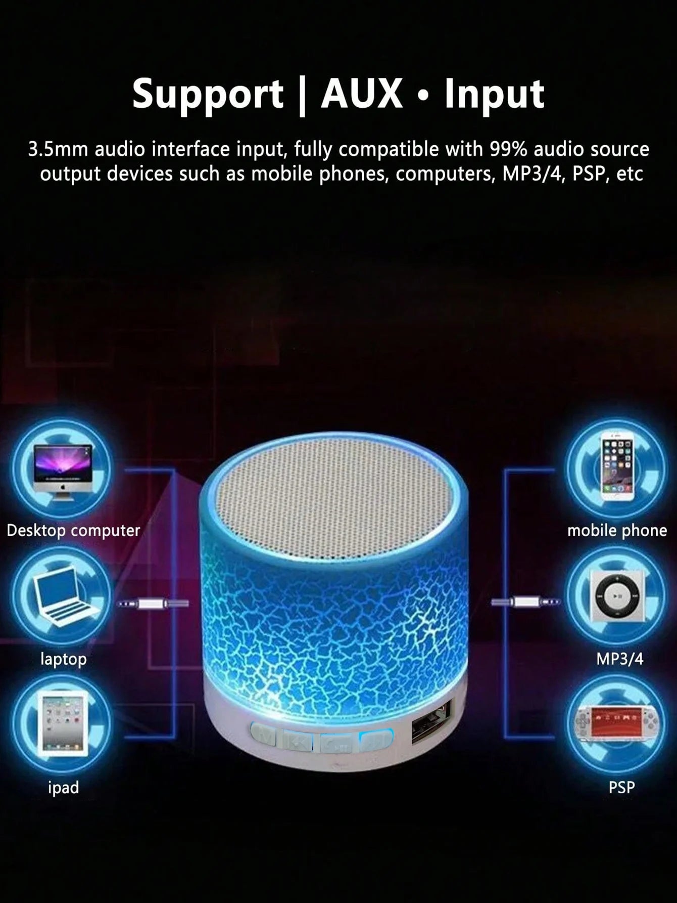 Wireless Mini Speaker, Subwoofer, Dazzle Crackle 7 Colour Light Wireless Mini Speaker, Portable Small Speaker