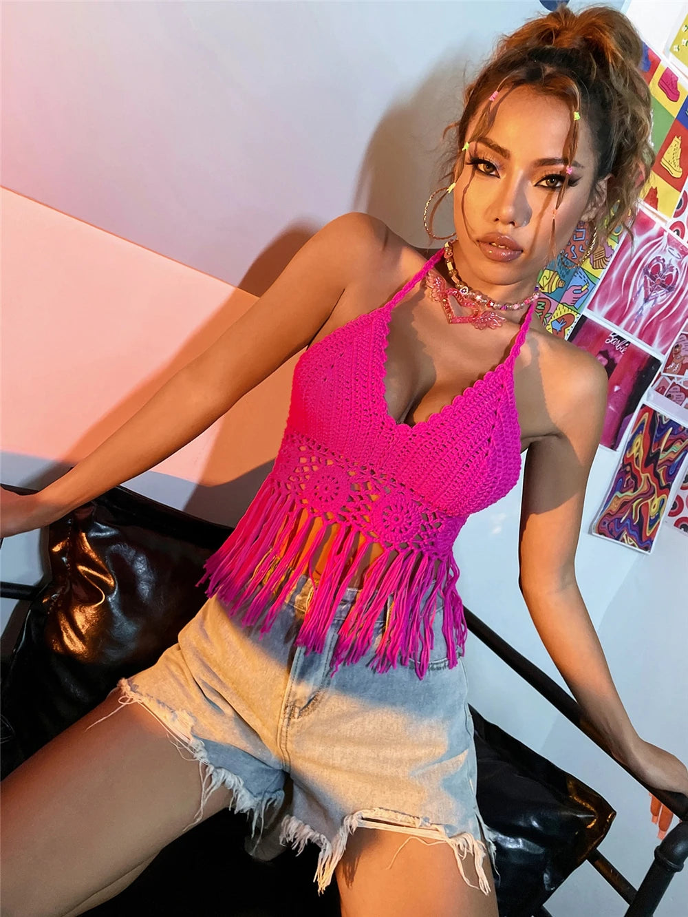 Sexy Boho Beach Holiday Camisole Halter Women Crochet Knit Swimsuit Bra Backless Vest Hollow Tassel Tank Top Women's Crop Tops