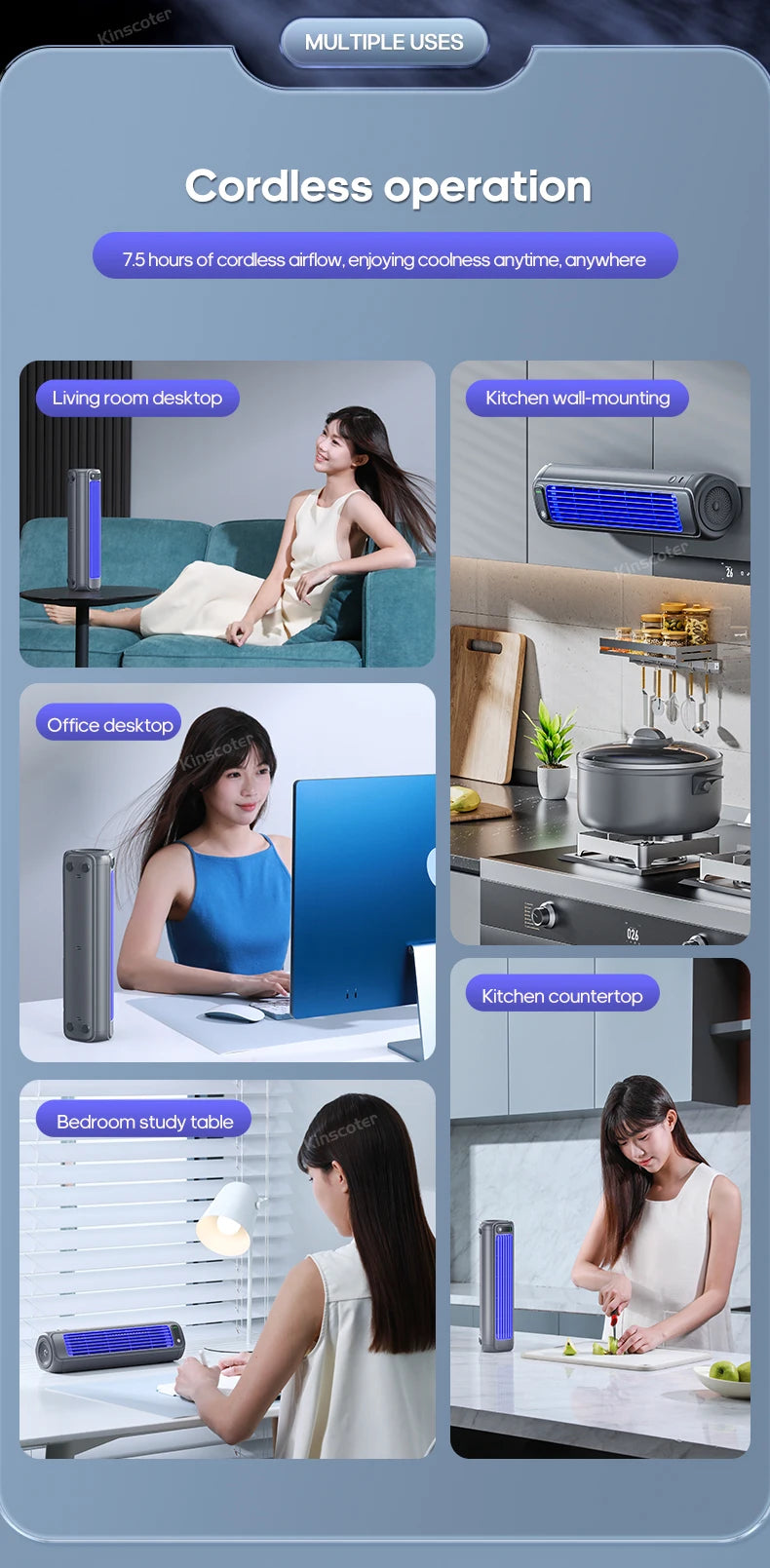 KINSCOTER Portable Air Conditioner Fan 2000mAh Quiet Desktop Tower Fan Wall Non-drilling Circulating Fan 3 Speeds Adjustable