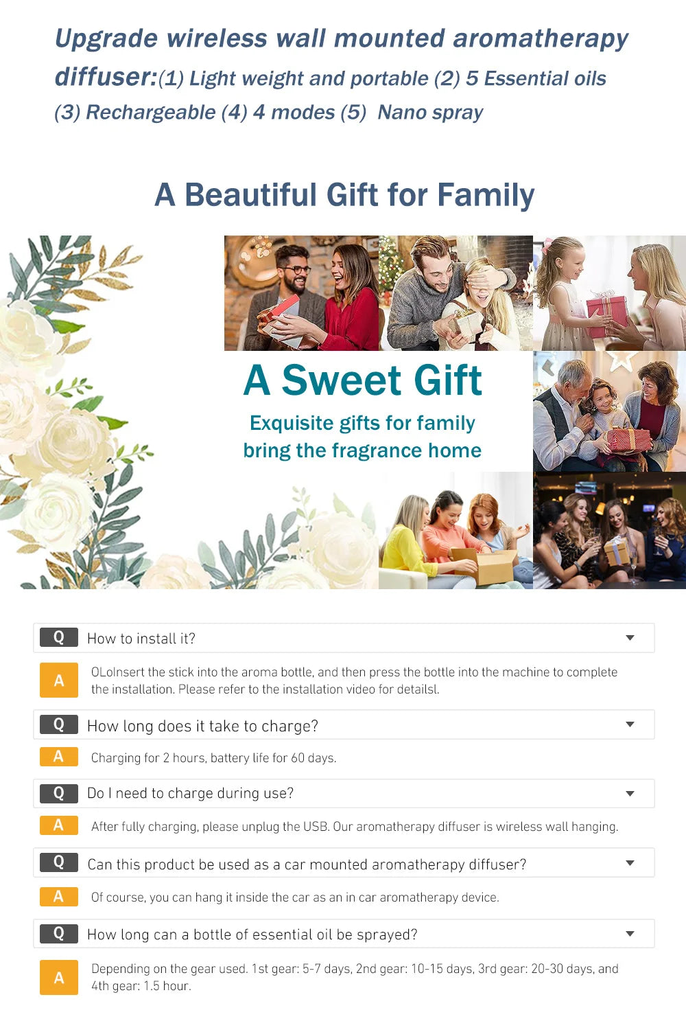 Rechargeable portable aroma diffuser Essential Oil Aromatherapy machine Timed air freshener to remove odors 5 modes timed spray