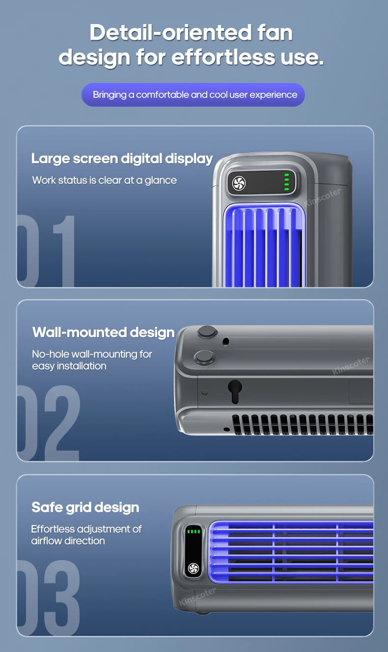 KINSCOTER Portable Air Conditioner Fan 2000mAh Quiet Desktop Tower Fan Wall Non-drilling Circulating Fan 3 Speeds Adjustable