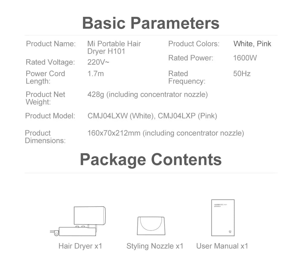 XIAOMI MIJIA Portable Anion Hair Dryer H101 Quick Dry Professinal Foldable 1600W 50 Million Negative Lons Home Travel Hair Care