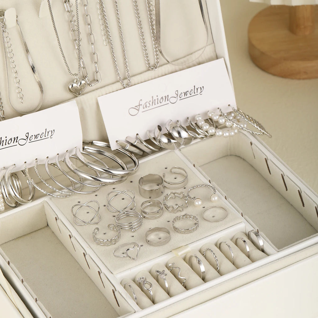 54 Pcs/Set Vintage Elegant Pearl Earrings Ring Heart Pendant Necklace Bracelet For Women Boho Daily Wear Jewelry Set Gifts 2024