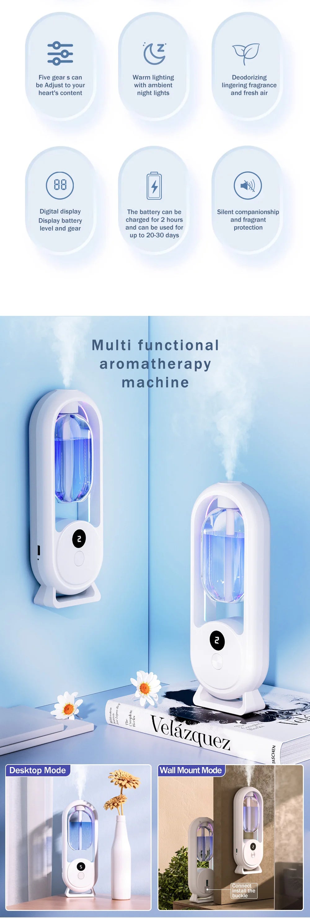 Rechargeable portable aroma diffuser Essential Oil Aromatherapy machine Timed air freshener to remove odors 5 modes timed spray