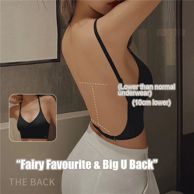 Women Invisible Bra Deep U Plunge Bras Backless Top for Dresses Sexy Lingerie with Transparent Strap Push Up Strapless Underwea