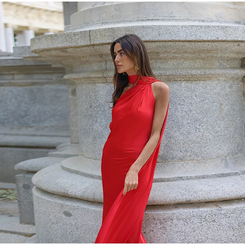 Elegant Ribbon Halter Dress Women Solid Off Shoulder Sleeveless Backless Slim Maxi Dresses 2025 Summer Autumn Party Robes Lady