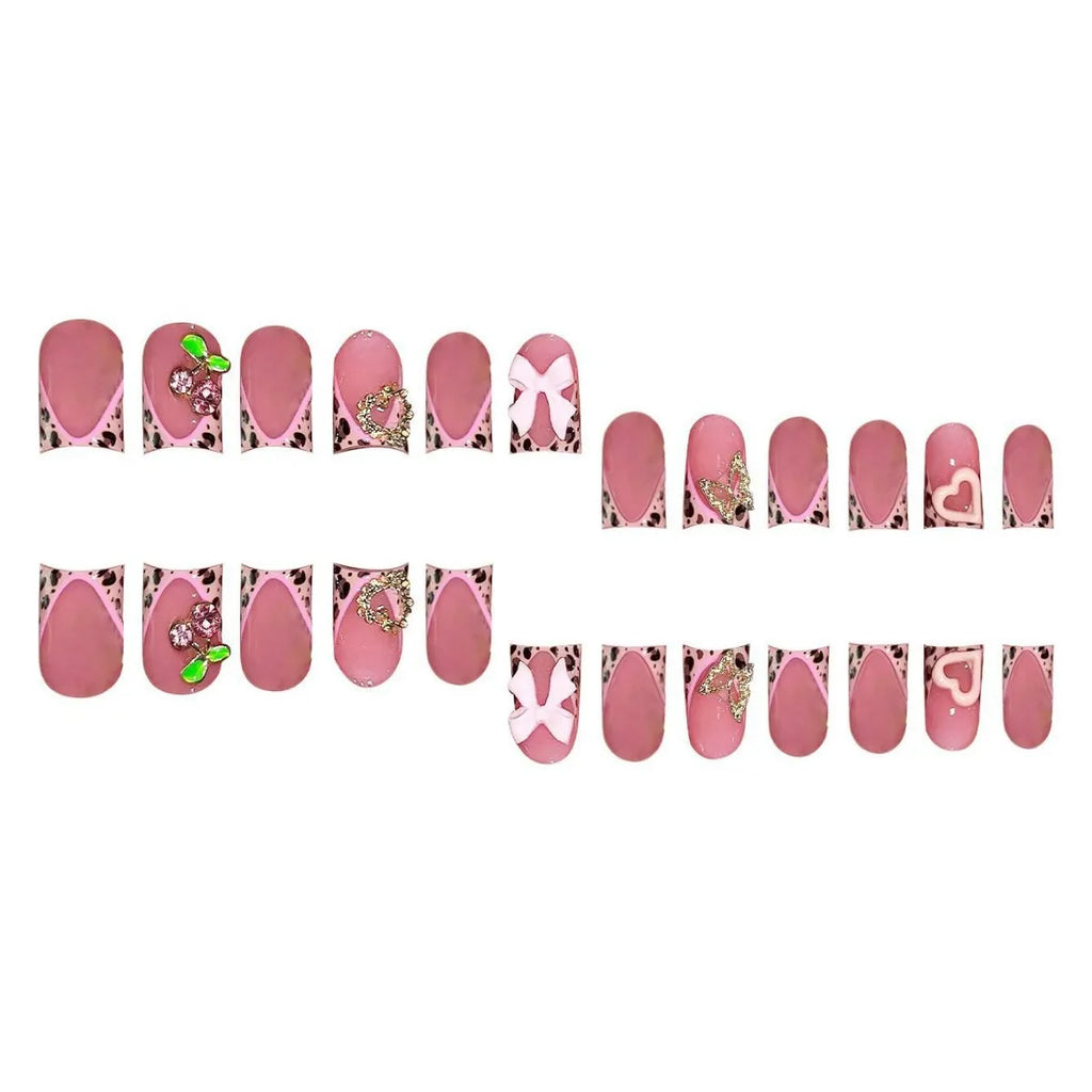 24pcs Nude Pink Sweet Fake Nails Short Duckbill Leopard Print French False Nails With 3D Bowknots Butterfly Cherry Press On Nail