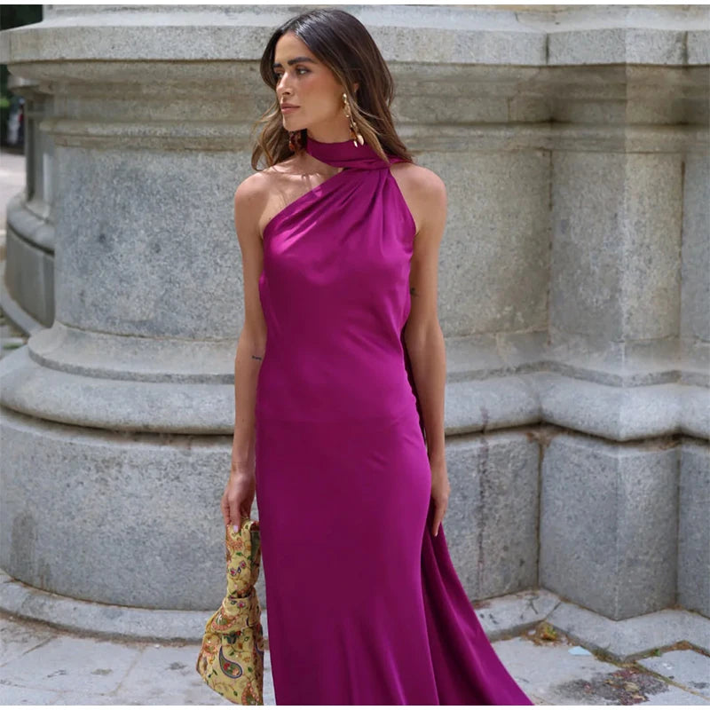 Elegant Ribbon Halter Dress Women Solid Off Shoulder Sleeveless Backless Slim Maxi Dresses 2025 Summer Autumn Party Robes Lady