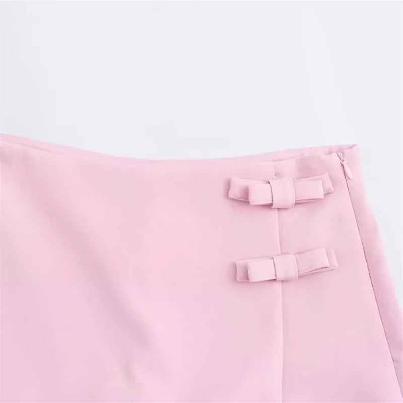 MUJER 2025 Pink White Mini Skirt Woman Fashion Bow Skort For Women Summer Slit Short Skirt Woman Split High Waist Skirt Shorts