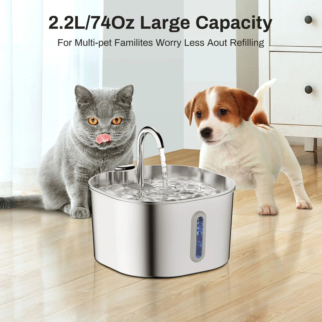 ZYFeeder 2.2L Automatic Cat Water Fountain Square Stainless Steel Pet Water Feeder Dog Water Fountain with window（No 5V 1A Plug）