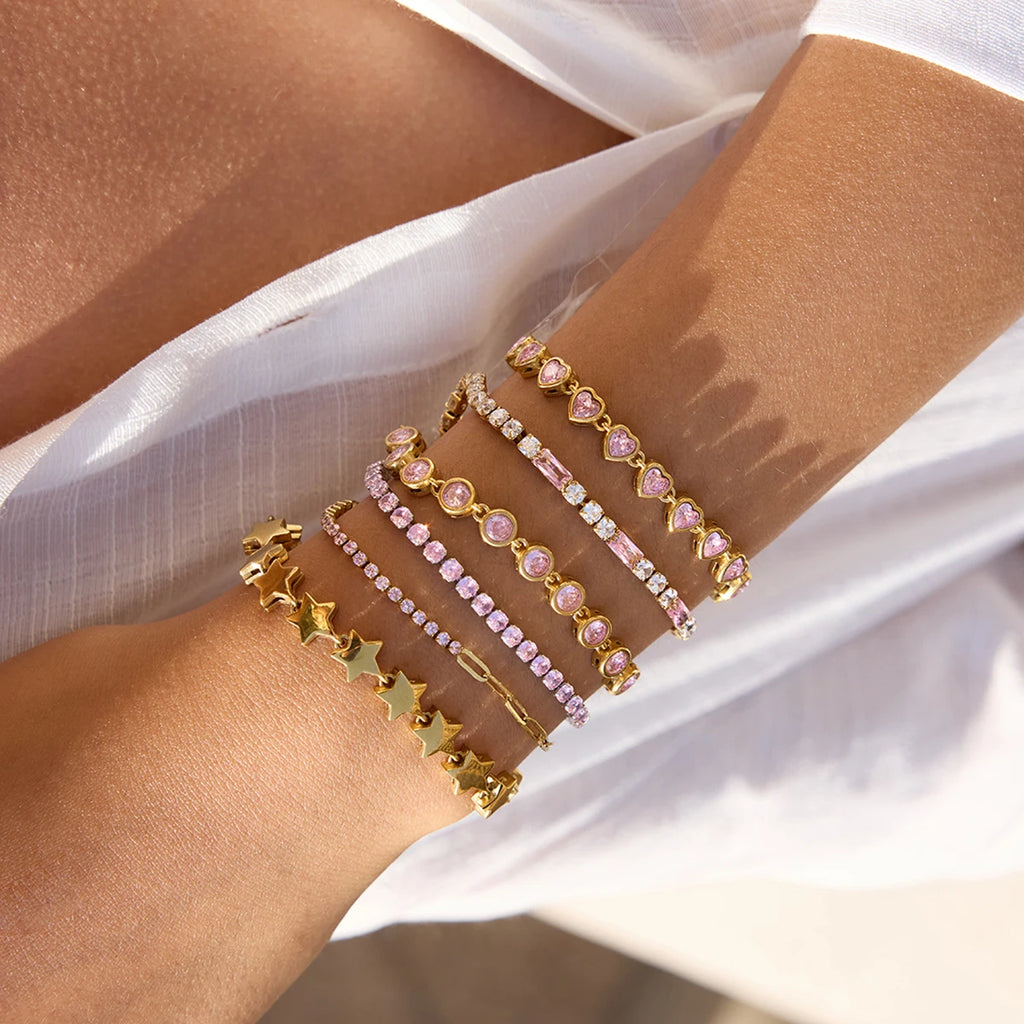 Youthway Zircon Star Metal Chain Bracelet Bangle Gold Plated Stainless Steel Watproof Summer Trendy Wrist Jewelry For Women