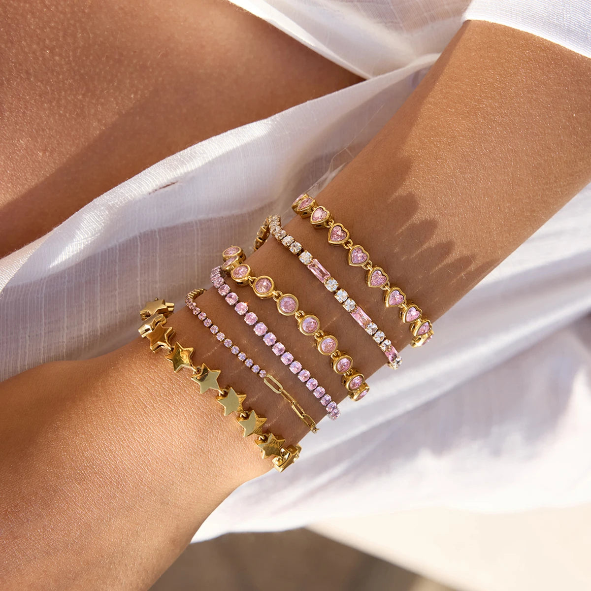 Youthway Zircon Star Metal Chain Bracelet Bangle Gold Plated Stainless Steel Watproof Summer Trendy Wrist Jewelry For Women