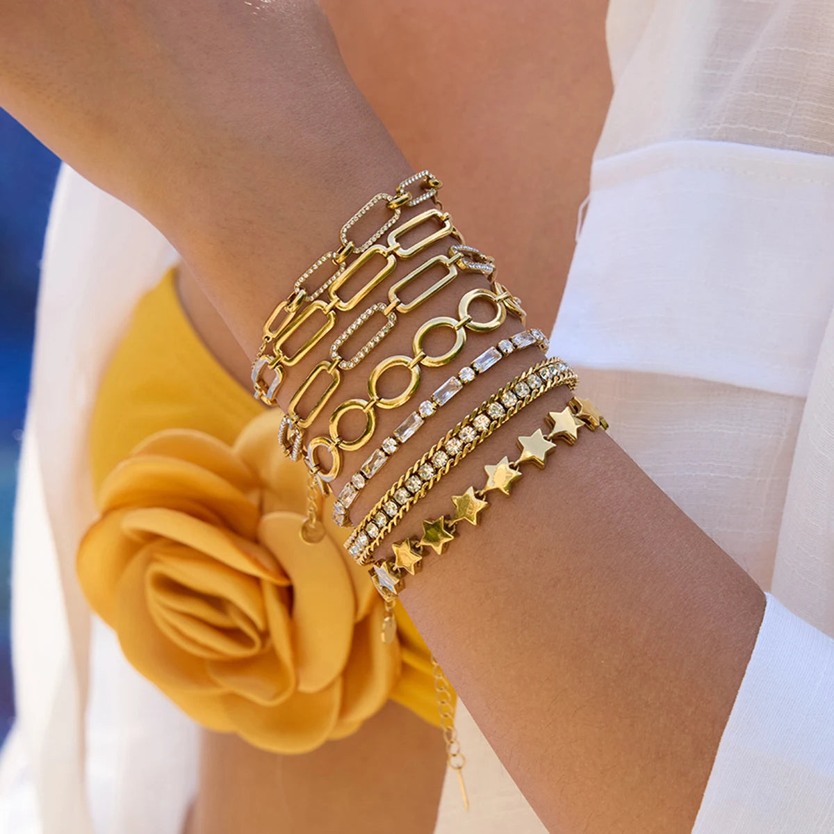 Youthway Zircon Star Metal Chain Bracelet Bangle Gold Plated Stainless Steel Watproof Summer Trendy Wrist Jewelry For Women