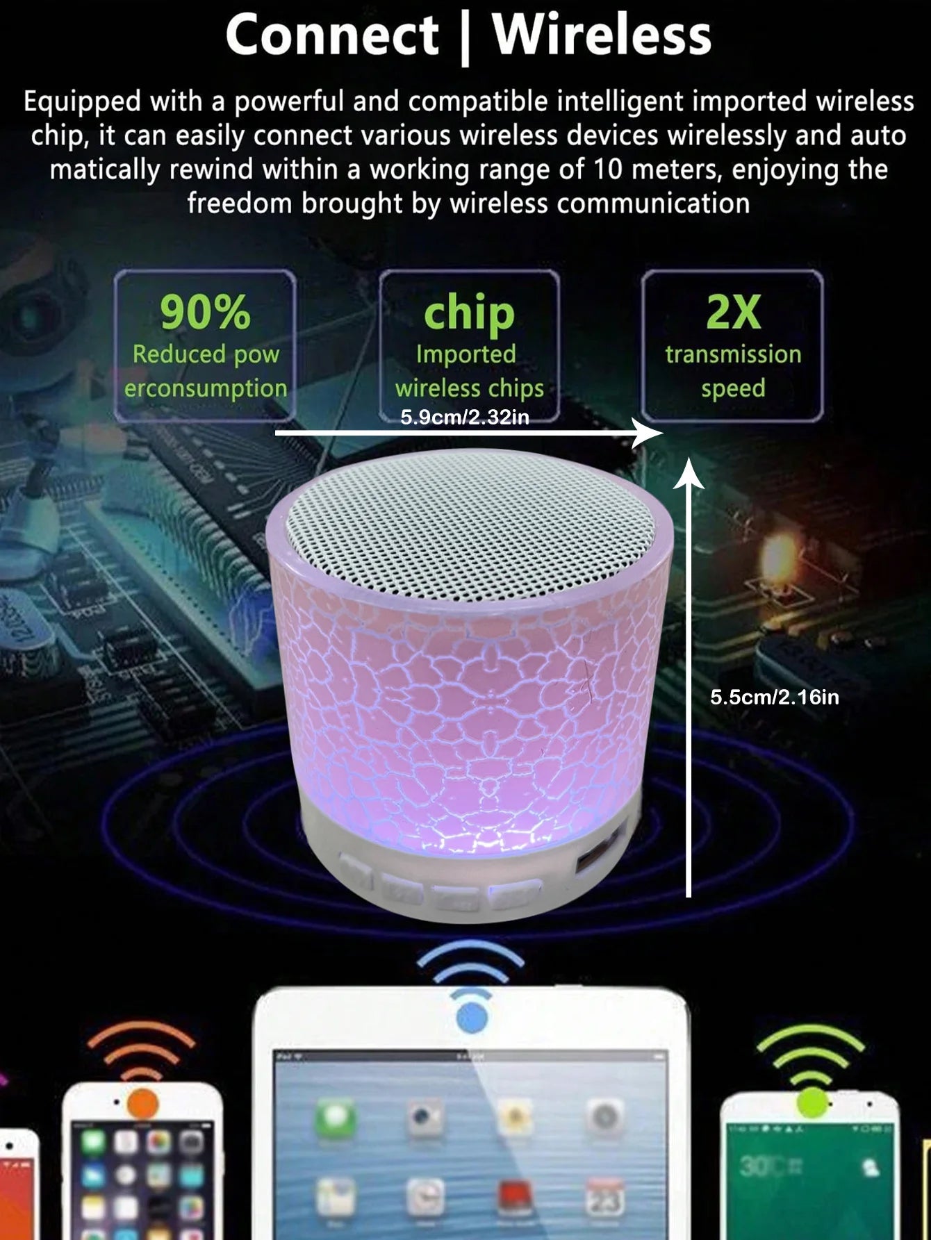 Wireless Mini Speaker, Subwoofer, Dazzle Crackle 7 Colour Light Wireless Mini Speaker, Portable Small Speaker