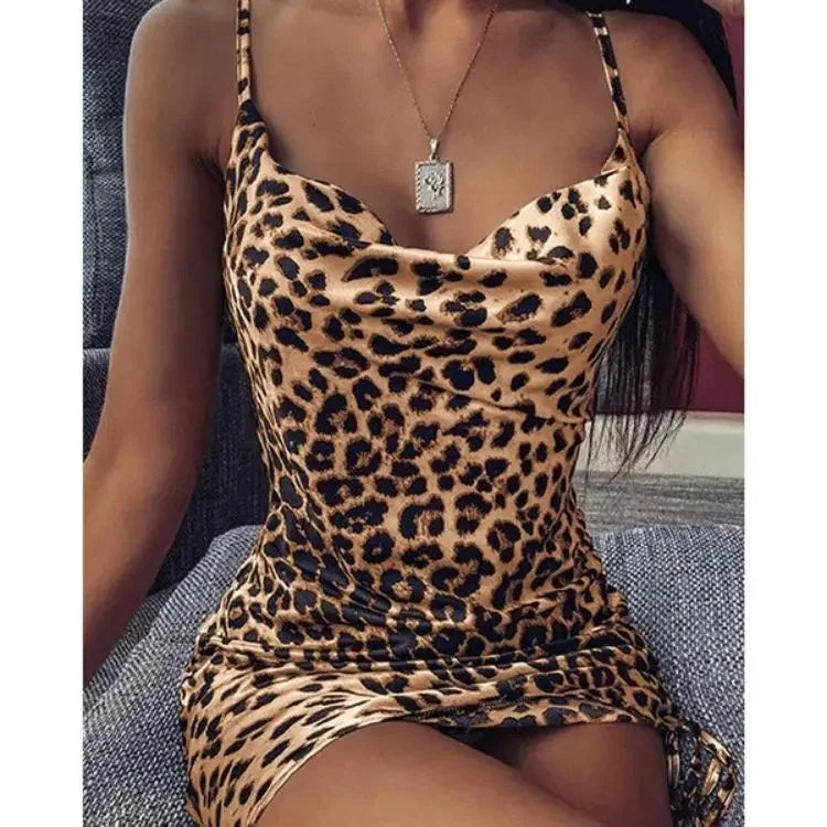 Fashionable Sexy Leopard Print Casual V-neck Strap Dress Short Skirt Women's New Arrival Sleeveless Dresses from Mainland China