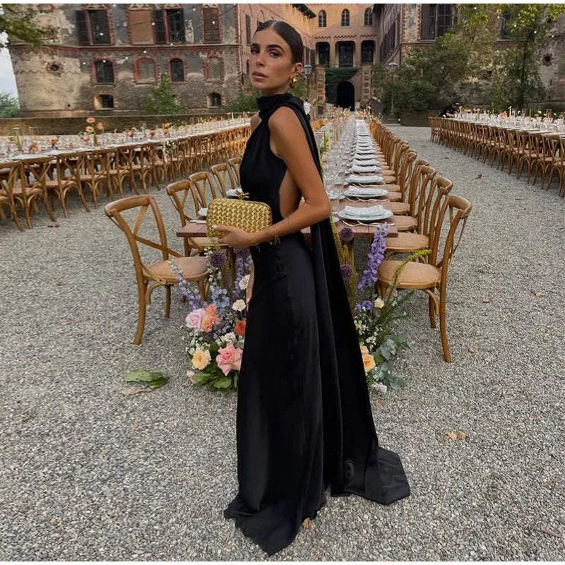 Elegant Ribbon Halter Dress Women Solid Off Shoulder Sleeveless Backless Slim Maxi Dresses 2025 Summer Autumn Party Robes Lady