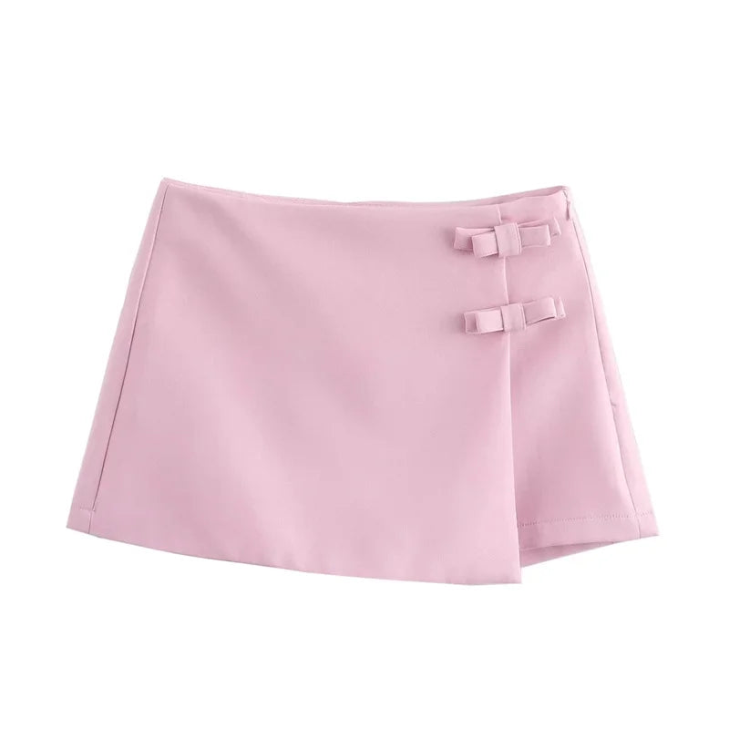 MUJER 2025 Pink White Mini Skirt Woman Fashion Bow Skort For Women Summer Slit Short Skirt Woman Split High Waist Skirt Shorts