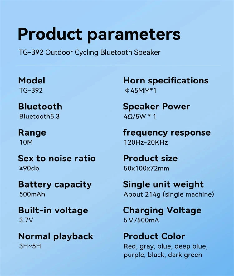 TG392 Outdoor Bicycle Bluetooth Speaker Portable Wireless Sound Box Rechargeable Handlebar Speaker Waterproof Bluetooth Speaker