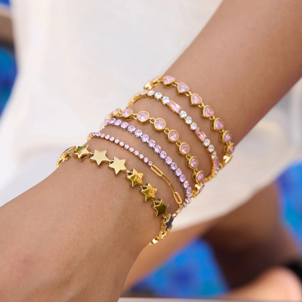 Youthway Zircon Star Metal Chain Bracelet Bangle Gold Plated Stainless Steel Watproof Summer Trendy Wrist Jewelry For Women