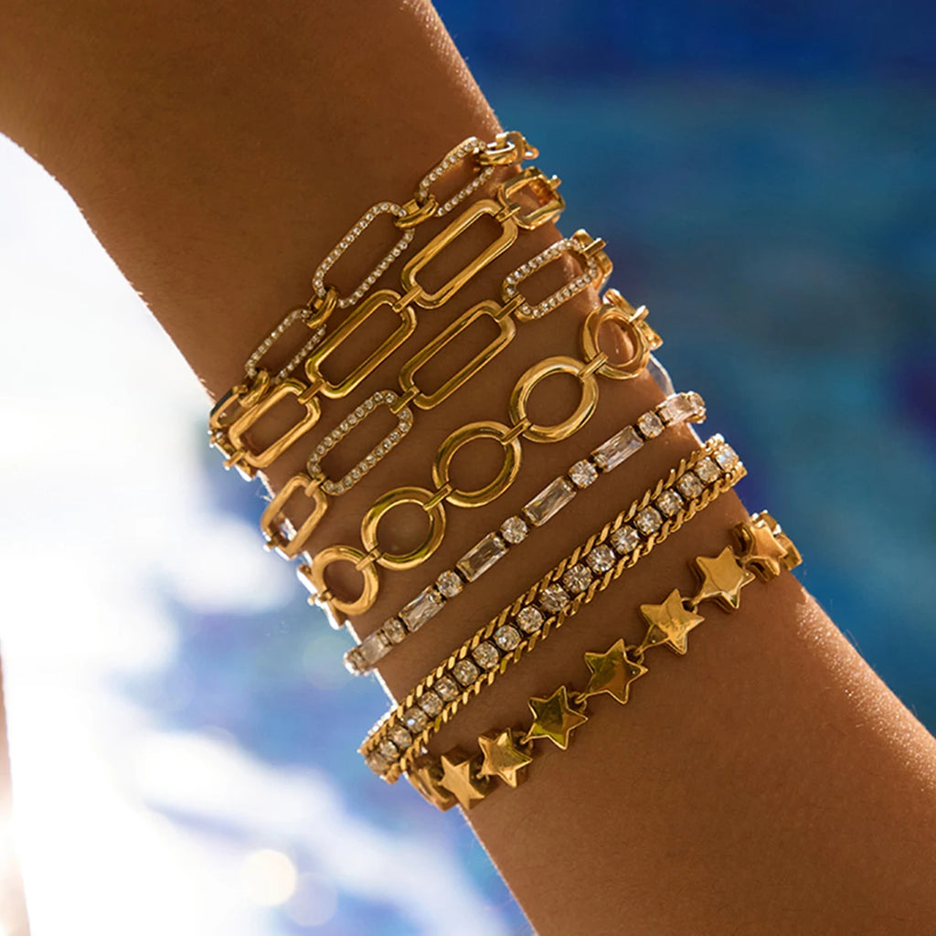 Youthway Zircon Star Metal Chain Bracelet Bangle Gold Plated Stainless Steel Watproof Summer Trendy Wrist Jewelry For Women