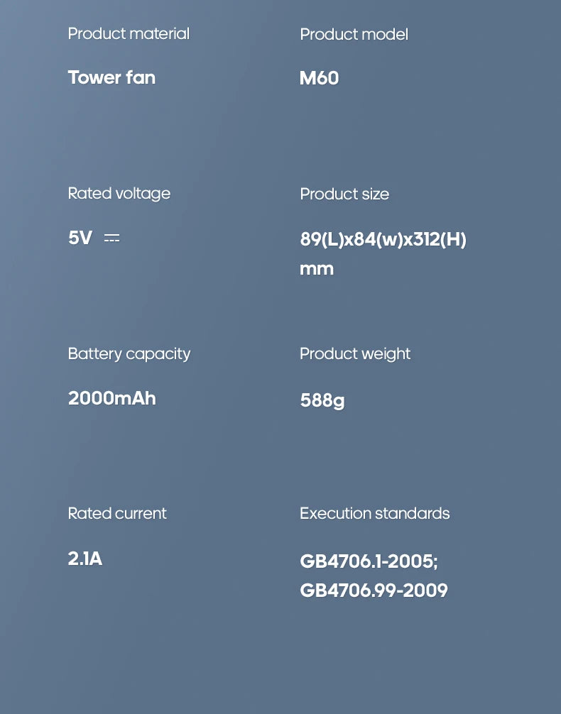 KINSCOTER Portable Air Conditioner Fan 2000mAh Quiet Desktop Tower Fan Wall Non-drilling Circulating Fan 3 Speeds Adjustable