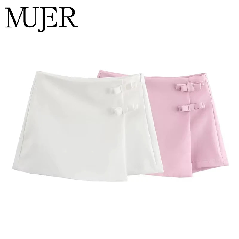 MUJER 2025 Pink White Mini Skirt Woman Fashion Bow Skort For Women Summer Slit Short Skirt Woman Split High Waist Skirt Shorts