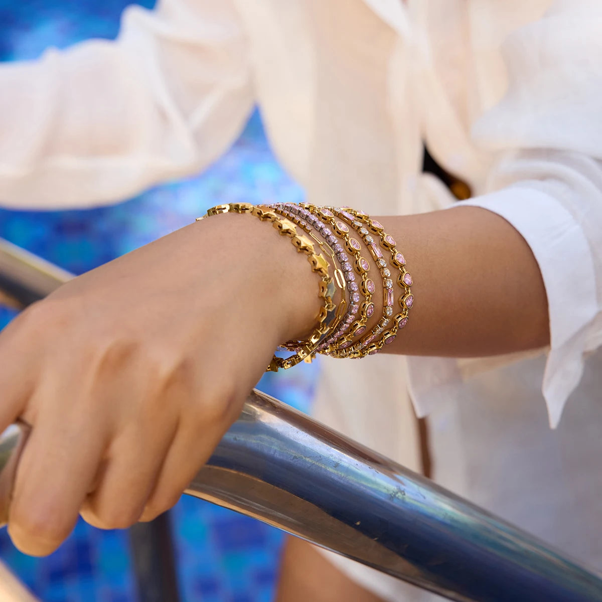 Youthway Zircon Star Metal Chain Bracelet Bangle Gold Plated Stainless Steel Watproof Summer Trendy Wrist Jewelry For Women