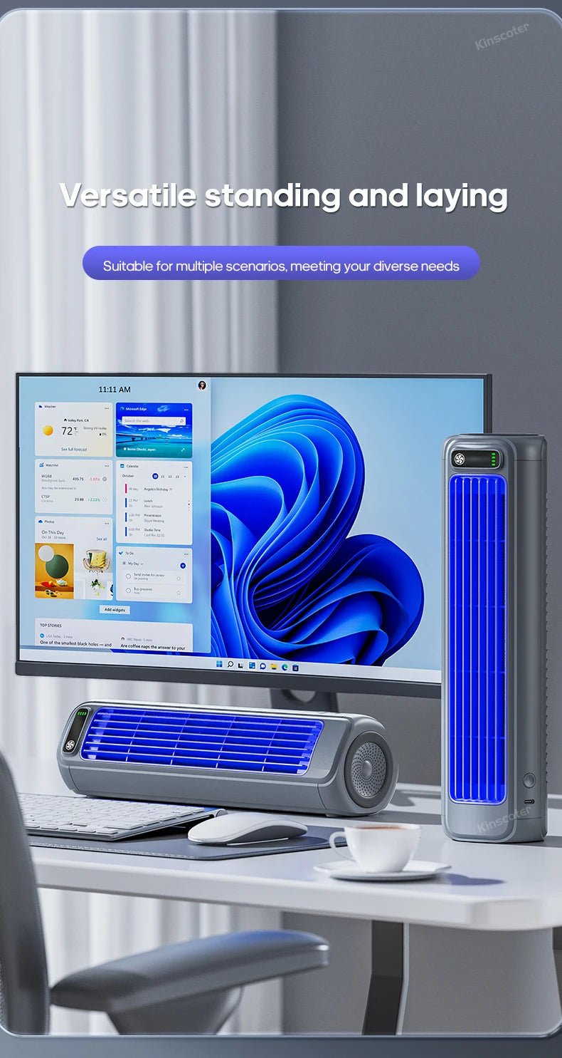 KINSCOTER Portable Air Conditioner Fan 2000mAh Quiet Desktop Tower Fan Wall Non-drilling Circulating Fan 3 Speeds Adjustable