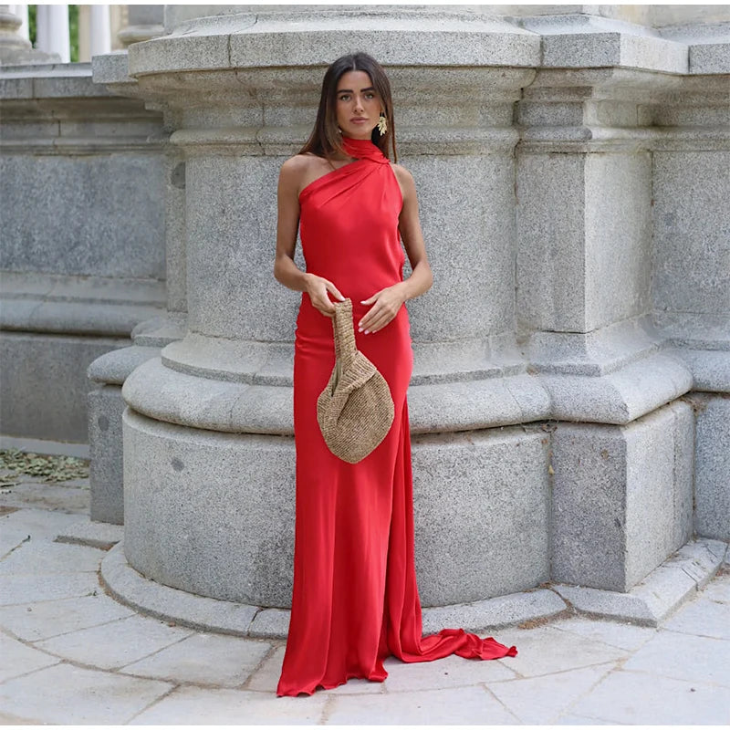 Elegant Ribbon Halter Dress Women Solid Off Shoulder Sleeveless Backless Slim Maxi Dresses 2025 Summer Autumn Party Robes Lady