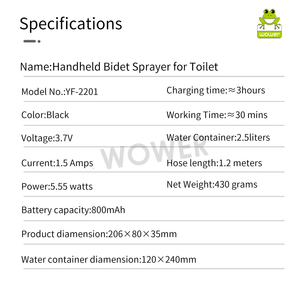 2.5L Portable Electric Bidet Rechargeable Shataf Hand Bidet Butt Sprayer for Personal Hygiene Cleaning Travel Camping Bidet