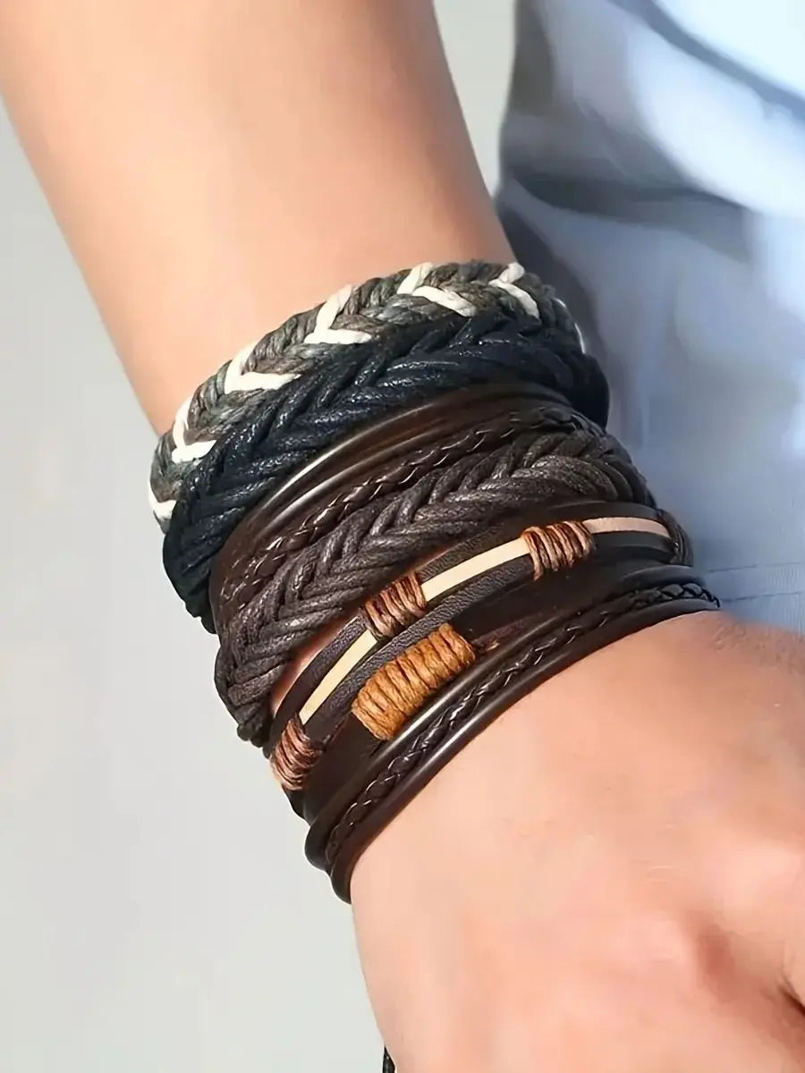 20Pcs Braided Leather Bracelets for Men Women Wrap Wood Beads Cuff Bracelet Hemp Cords Ethnic Tribal Handmade Wrap Wristband Bra