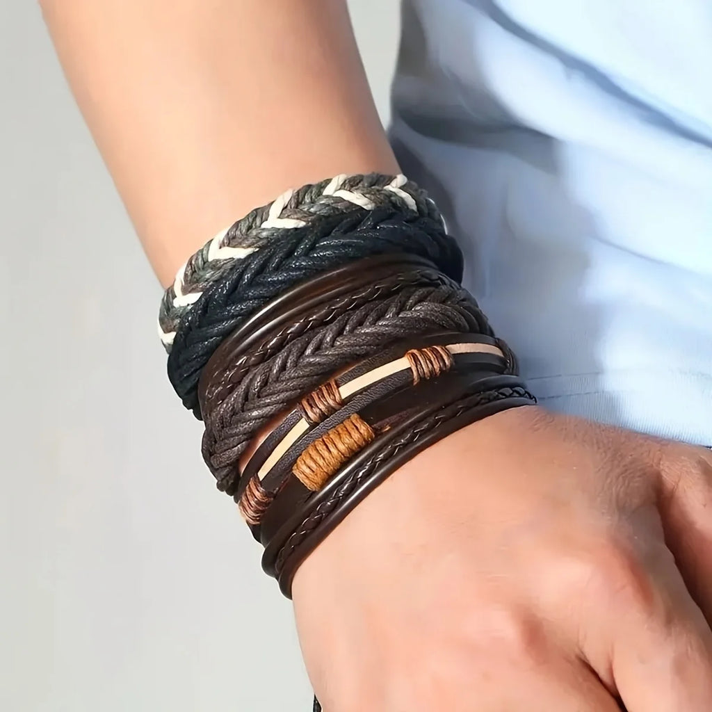 20Pcs Braided Leather Bracelets for Men Women Wrap Wood Beads Cuff Bracelet Hemp Cords Ethnic Tribal Handmade Wrap Wristband Bra