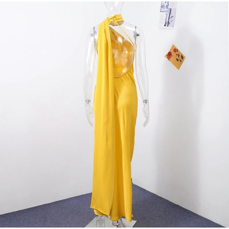 Elegant Ribbon Halter Dress Women Solid Off Shoulder Sleeveless Backless Slim Maxi Dresses 2025 Summer Autumn Party Robes Lady