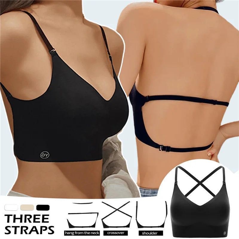 Women Invisible Bra Deep U Plunge Bras Backless Top for Dresses Sexy Lingerie with Transparent Strap Push Up Strapless Underwea