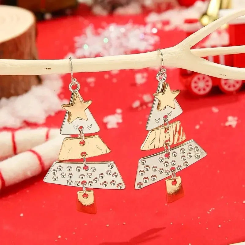 Vintage Metal Christmas Tree Long Drop Earrings for Fashion Women Girls Holiday Party Jewelry Acccessories Christmas Gift