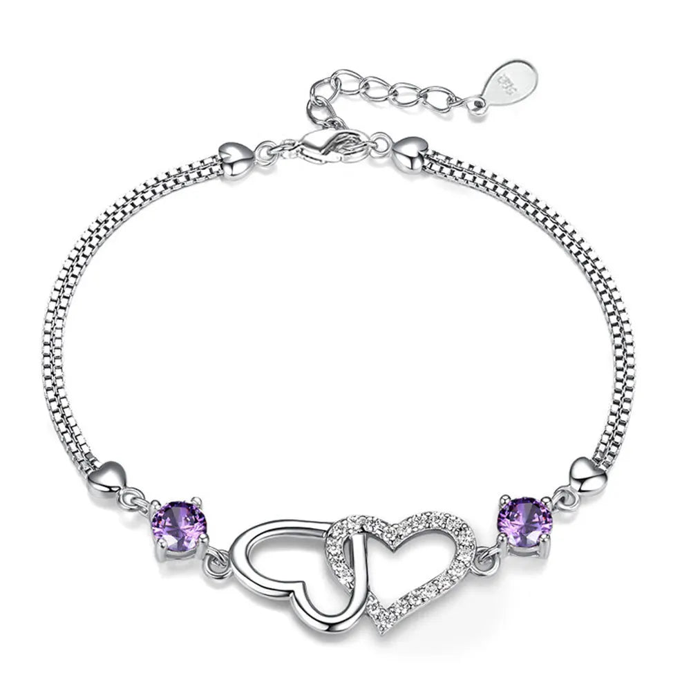 S925 Sterling Silver Bracelet Inlaid With Natural Amethyst Zircon Heart Lady Bracelet, Charm Jewelry Gift Wedding Jewelry