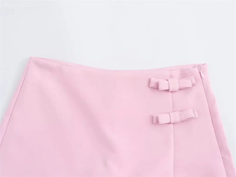 MUJER 2025 Pink White Mini Skirt Woman Fashion Bow Skort For Women Summer Slit Short Skirt Woman Split High Waist Skirt Shorts