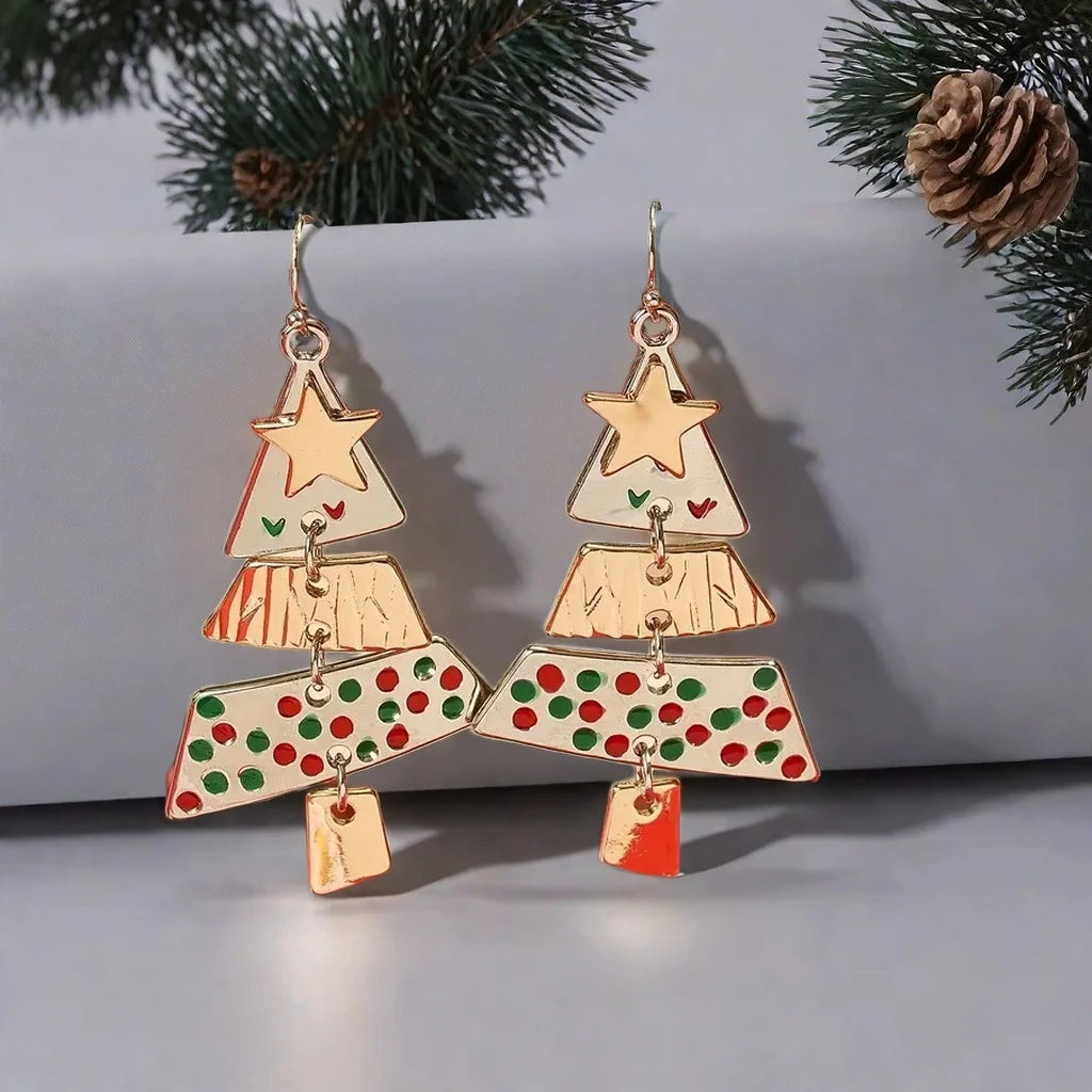 Vintage Metal Christmas Tree Long Drop Earrings for Fashion Women Girls Holiday Party Jewelry Acccessories Christmas Gift