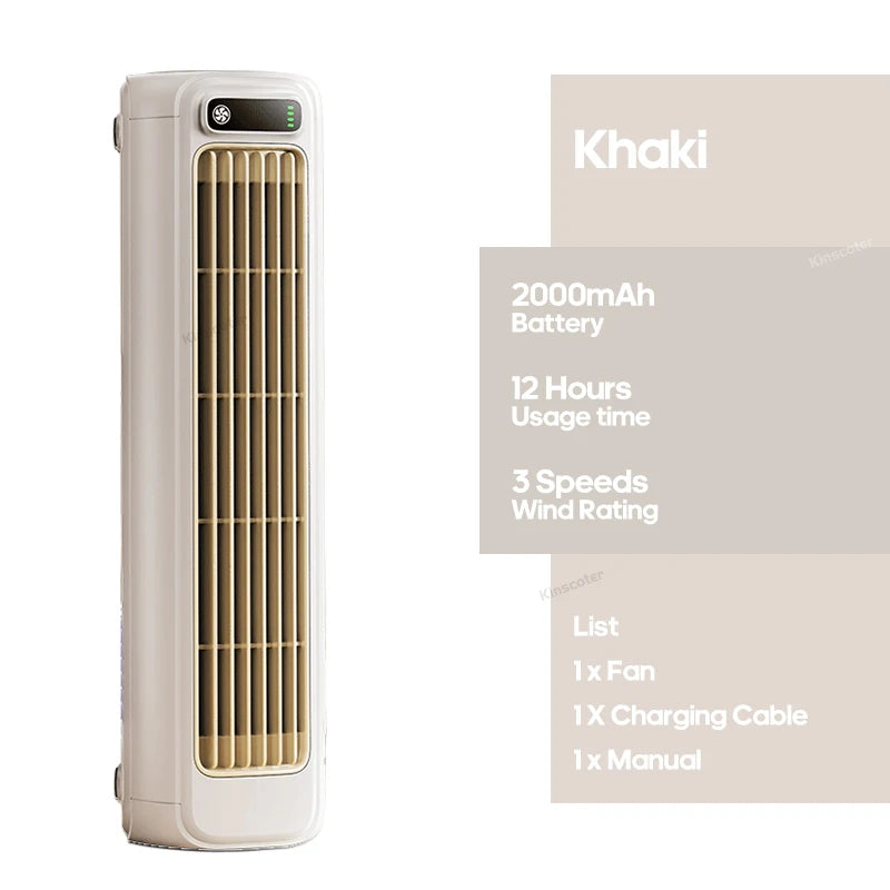 KINSCOTER Portable Air Conditioner Fan 2000mAh Quiet Desktop Tower Fan Wall Non-drilling Circulating Fan 3 Speeds Adjustable